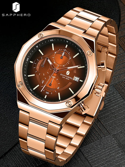 SAPPHERO Rose gold Watch Mens Watch Luxury  Stainless Steel Quartz Watch Business Waterproof Luminous Calendar Wristwatch Gift