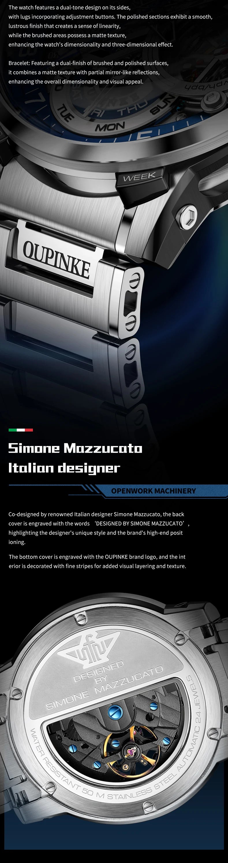 OUPINKE 3278 Herrenuhr, Luxus-Automatikuhr mit Schwungrad, Skelett-Uhrwerk, 50 m wasserdicht, Edelstahl 316L