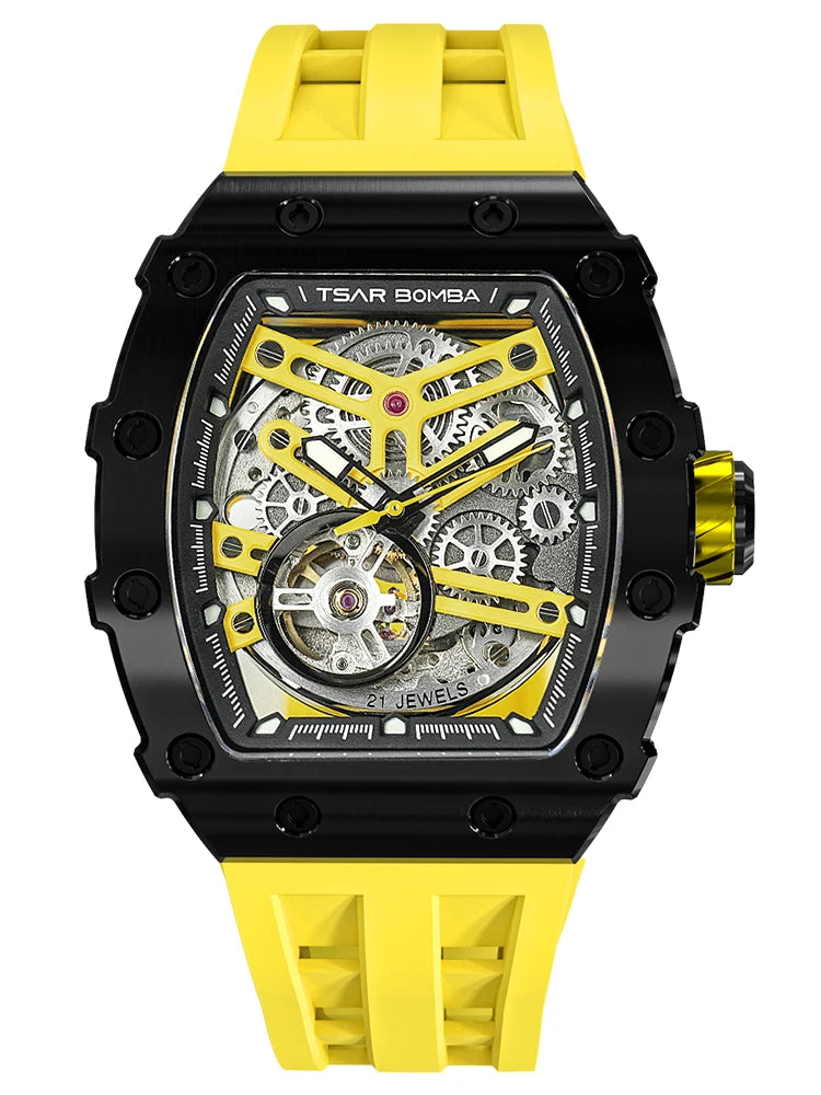 TSAR BOMBA Automatic Watch for Men Waterproof Watch Tonneau Stainless steel Mechanical Wristwatch Silicone Strap Luxury Gift