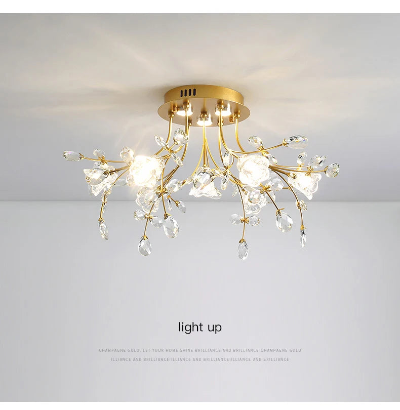 Luxury Crystal Flower Ceiling Light Gold LED Branch Tree Chandelier For Living Room Bedroom Villa Hotel Decor Bedside Wall Lamp