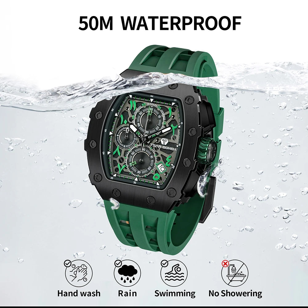 TSAR BOMBA 2025 New Mens Watch TB-8204QA Arabic numerals Dial Tonneau Wristwatch for Men Sapphire Mirror Waterproof Clcok