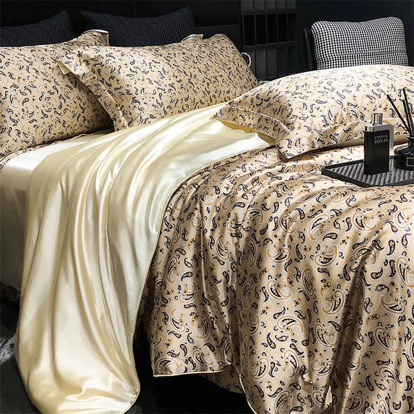Floral Silk Bedding Set with Duvet Cover Bed Sheet Pillowcase Luxury Couple Single Double King Queen Soft Bedsheet Nordic Smooth