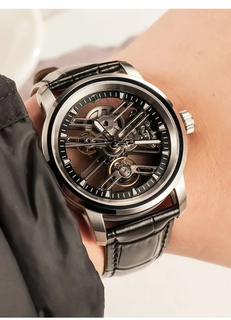 OBLVLO Men Automatic Watch 42MM Fashion Watches Mechanical Wristwatch 5AMT Waterproof Sapphire Luminous Skeleton Dial