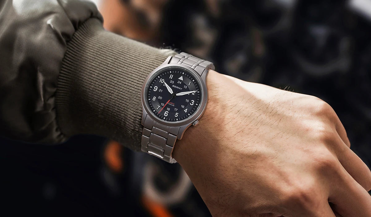BERNY Full Titanium Watches for Men Outdoor Quartz Men's Field Pilot Wristwatch VH31 Super Luminous Sapphire Easy Read Watch