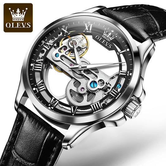 OLEVS Trend Fashion Men's Watches Casual Leather Strap Hollow Out Self-winding Movement Original Automatic Mechanical Wristwatch