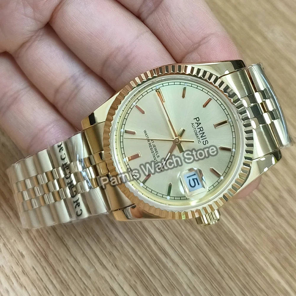 Parnis 36mm Gold Color Luminous Mark Automatic Men's Wristwatch 5 ATM Stainless Steel Jubilee Bracelet