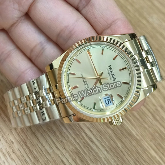 Parnis 36mm Gold Color Luminous Mark Automatic Men's Wristwatch 5 ATM Stainless Steel Jubilee Bracelet