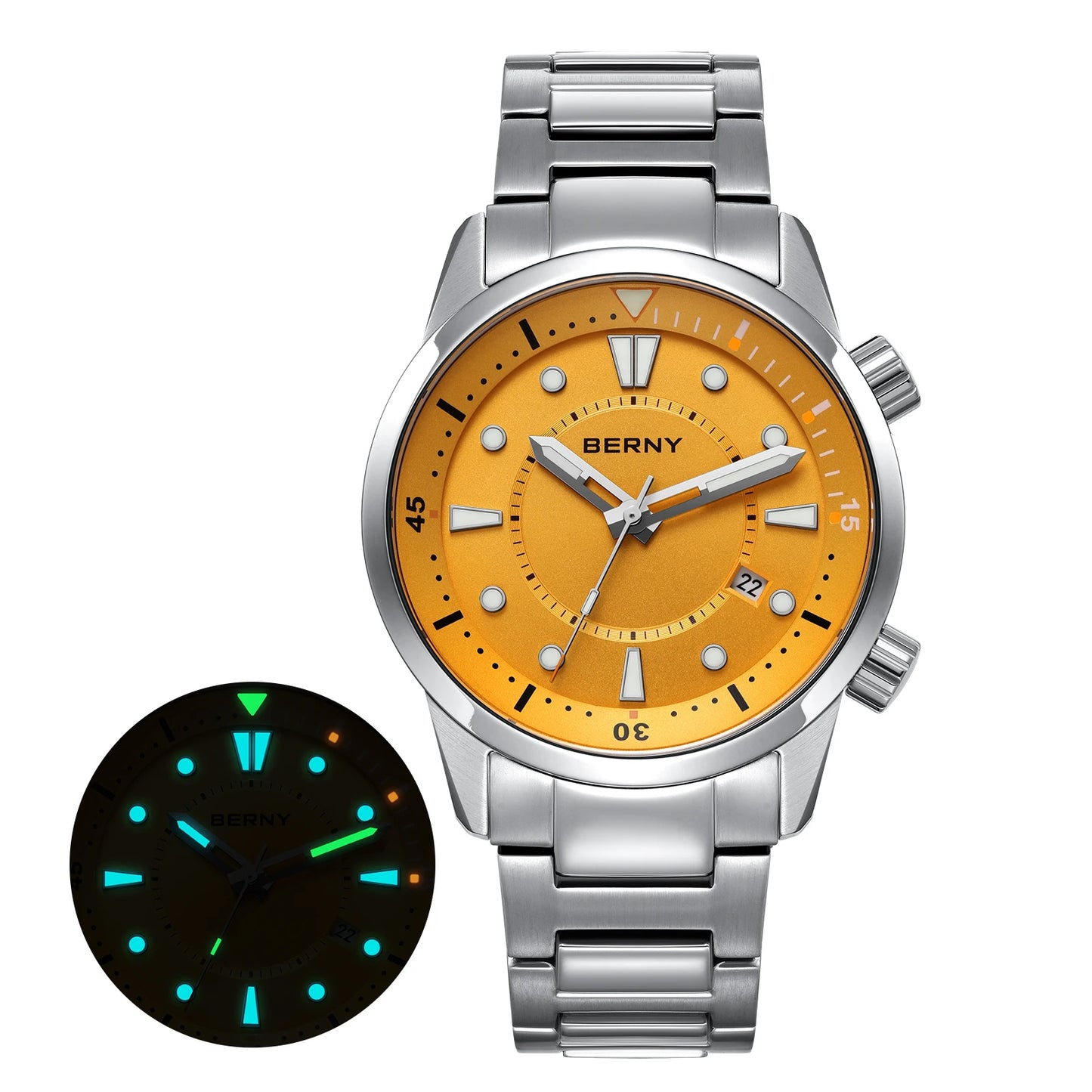 BERNY Automatic Diver Men Watch 200M Waterproof Miyota 8215 Sappire AR Coated Silicone Sports Swim Wristwatch Men's Diver Watch