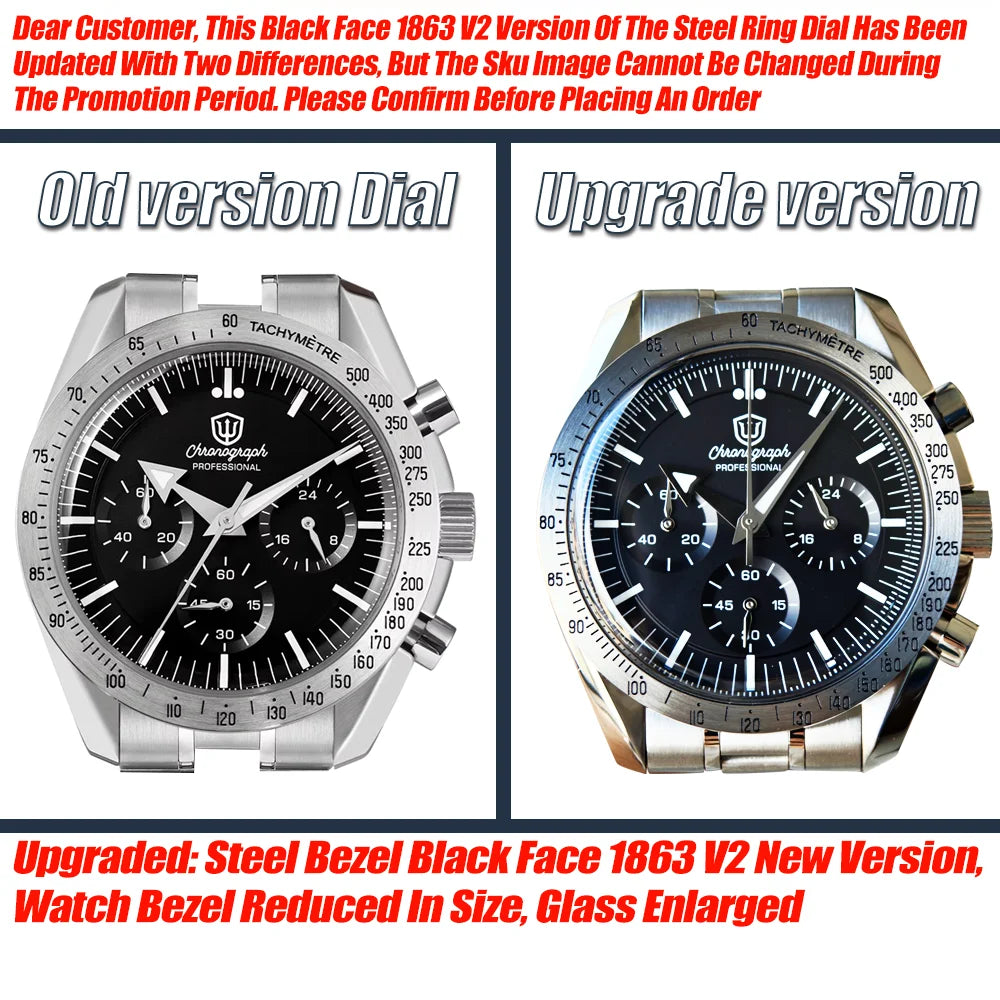 Watchdives New WD1863 Watch VK63 Chronograph Movement Aluminum Bezel BGW9 Luminous Bubble Sapphire Crystal 39mm Vintage Watches