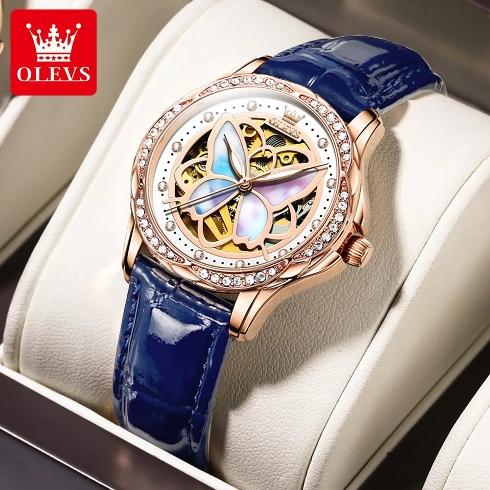OLEVS Luxury Fashion Women's Watches Colorful Butterfly Dial Original Brand Automatic Mechanical Wristwatch Ceramics Strap Trend