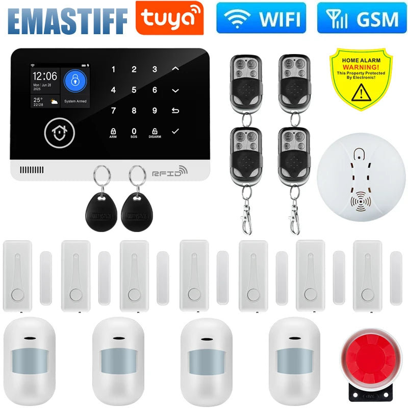 Wireless Tuya APP SIM GSM Home RFID Burglar Security LCD Touch Keyboard WIFI GSM Alarm System Sensor kit Russian,Spanish Voice