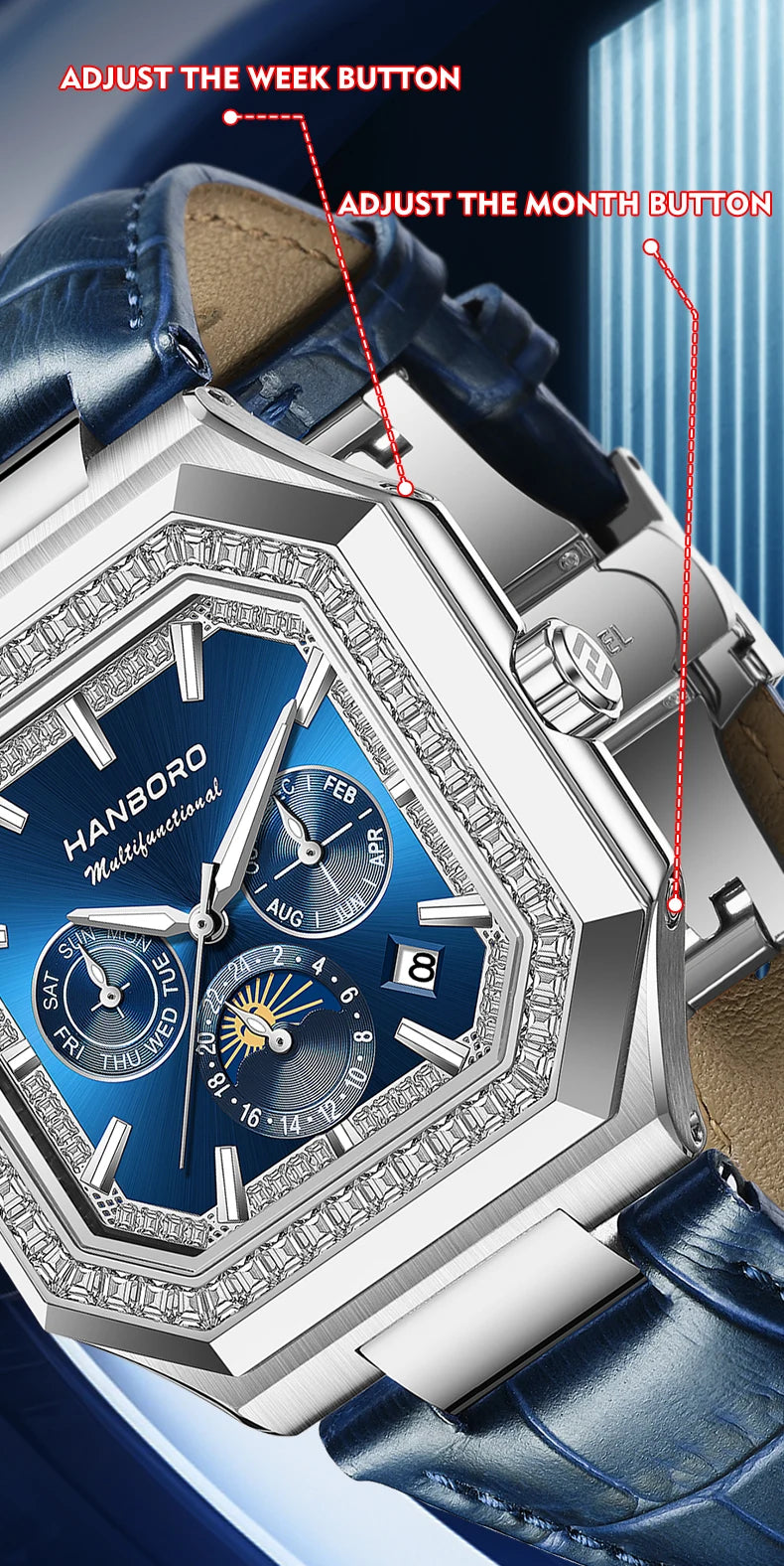 HANBORO Square Men's Fully Automatic Mechanical Watch Multi functional Fashion Trend Watch