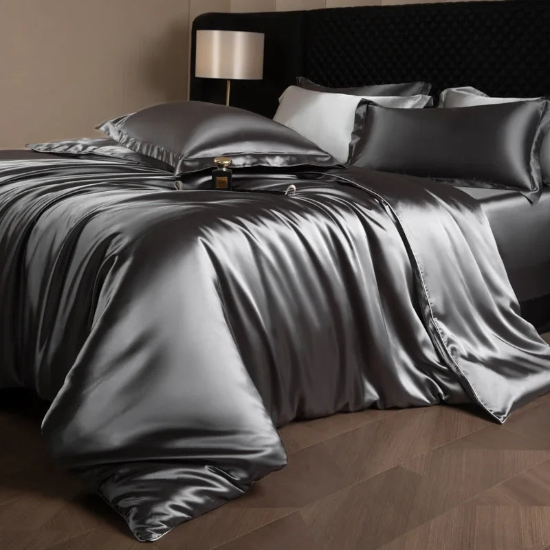 Silk Bed Sheets Set Luxury Bedding Set with Duvet Cover Fitted/Flat Bedheet Pillowcases Mixed with Rayon King Queen Full Twin