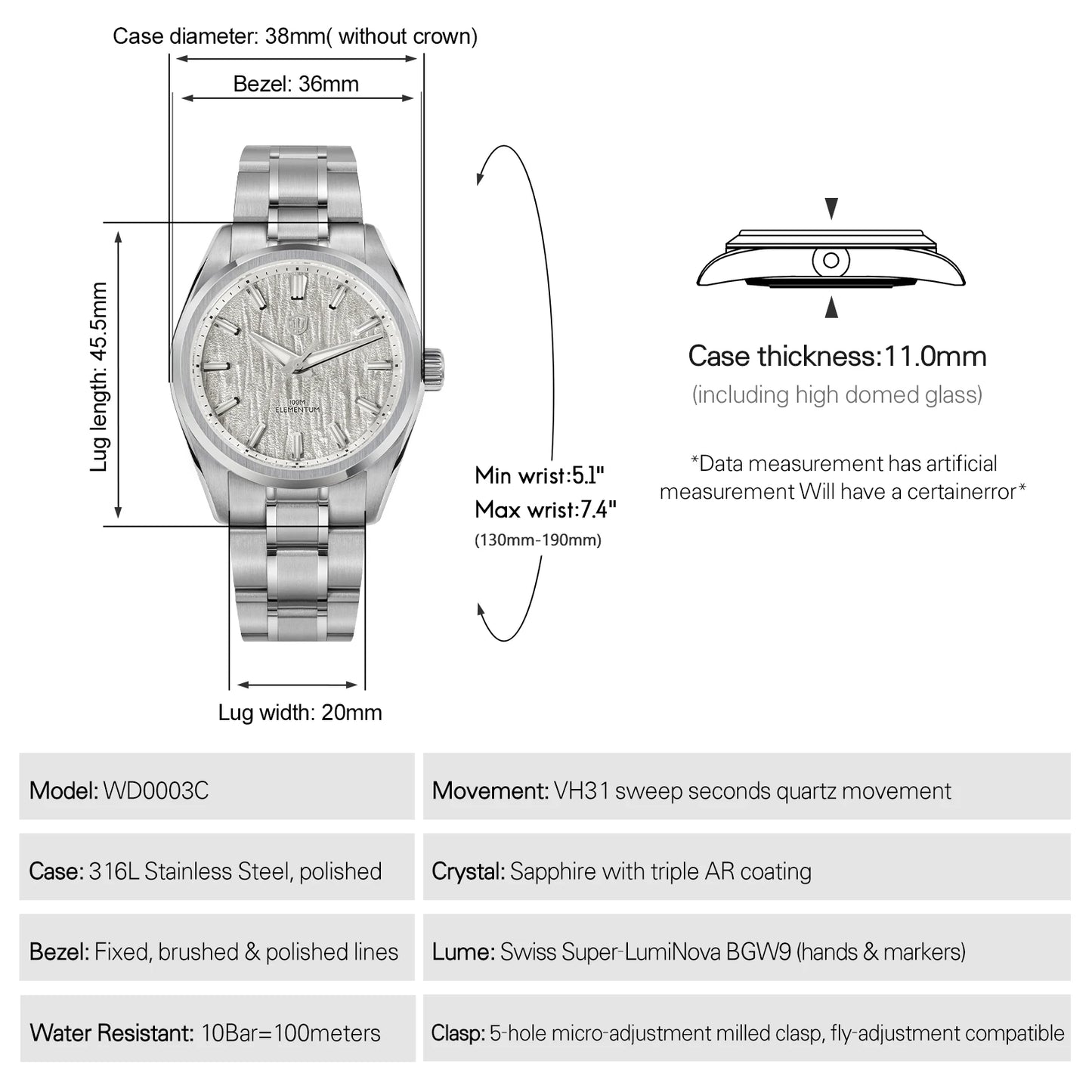 Watchdives WD0003C 38mm Men Watch VH31 Sweep Seconds Quartz Movement Sapphire ice Crack Dial Luminous 10Bar Waterproof Watches
