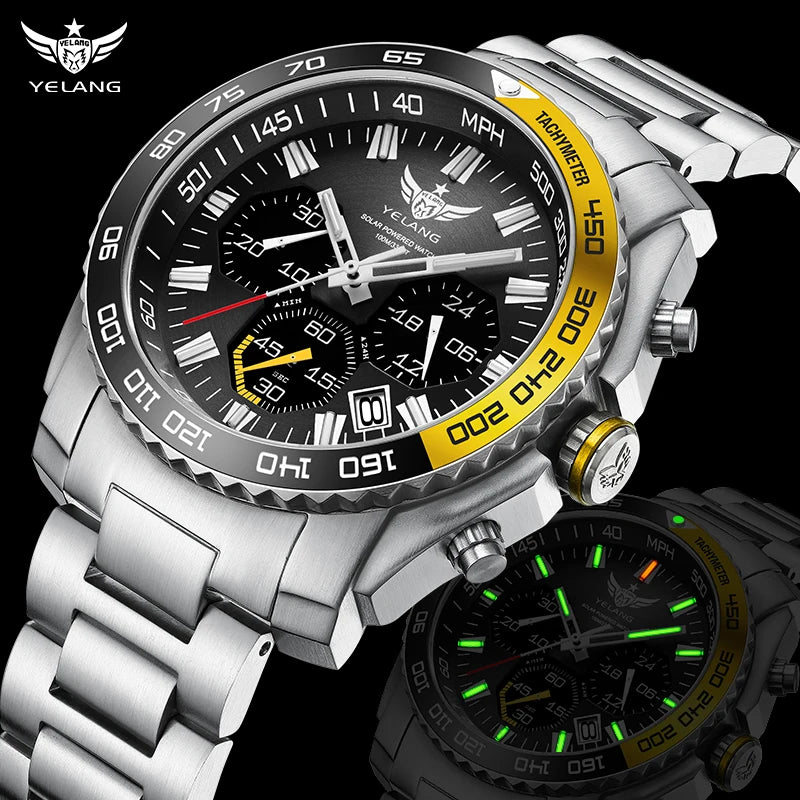 Yelang Watch 44mm V1215 Men Sports Watch Japan Eco-Drive VR42 Solar Diving Watch 100m Waterproof 10Bar Luminous watches for men