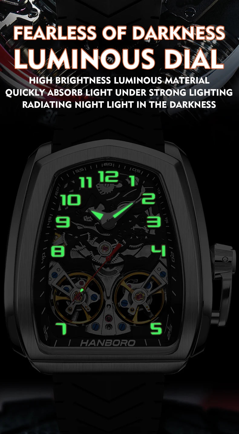 HANBORO fully automatic mechanical men's watch hollowed out wristwatch trend waterproof luminous watch