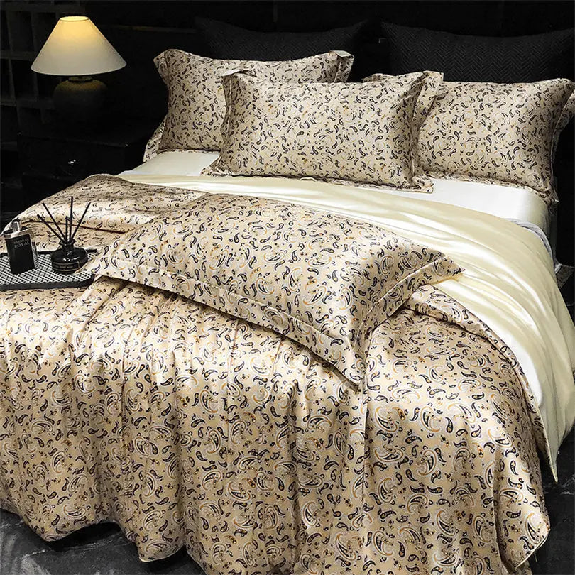 Floral Silk Bedding Set with Duvet Cover Bed Sheet Pillowcase Luxury Couple Single Double King Queen Soft Bedsheet Nordic Smooth
