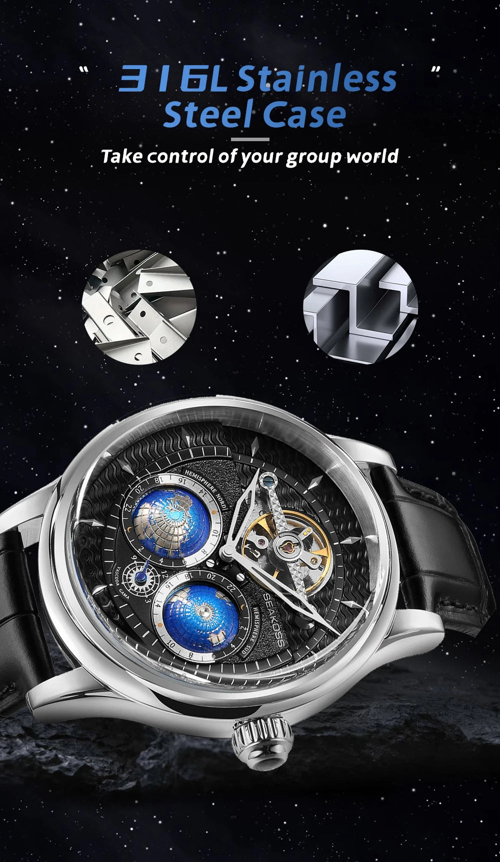 SEAKOSS Double Globe Automatic Rotating Men Mechanical Watches Earth Flywheel Device Men's Military Wristwatches 1963 Clock