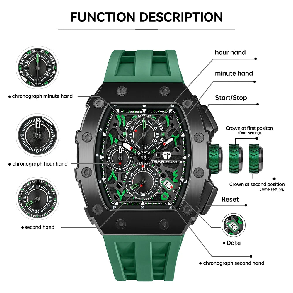 TSAR BOMBA 2025 New Mens Watch TB-8204QA Arabic numerals Dial Tonneau Wristwatch for Men Sapphire Mirror Waterproof Clcok