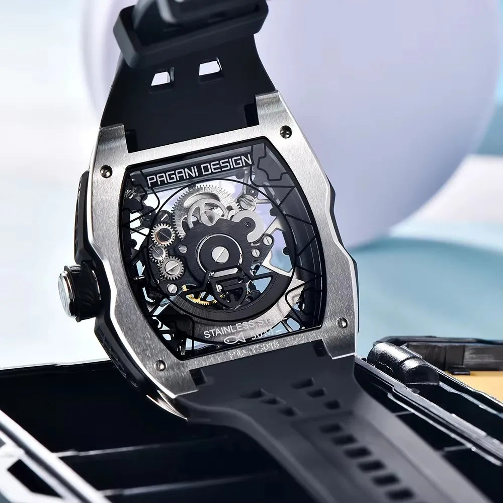 2025 new pagani design men's skeleton high-end watch rubber starp waterproof luminous fashion trend automatic mechanical watch.