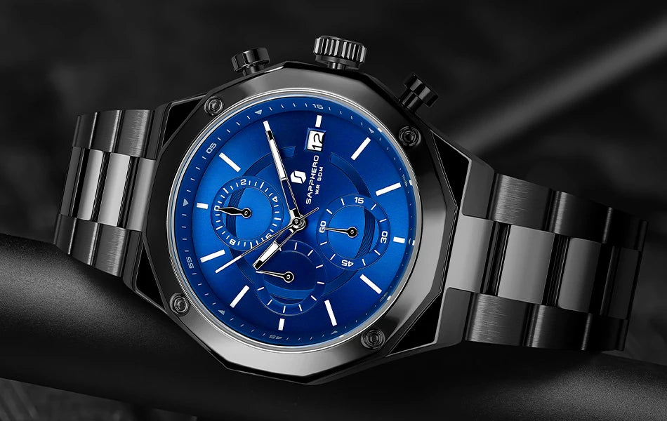 SAPPHERO Rose gold Watch Mens Watch Luxury  Stainless Steel Quartz Watch Business Waterproof Luminous Calendar Wristwatch Gift