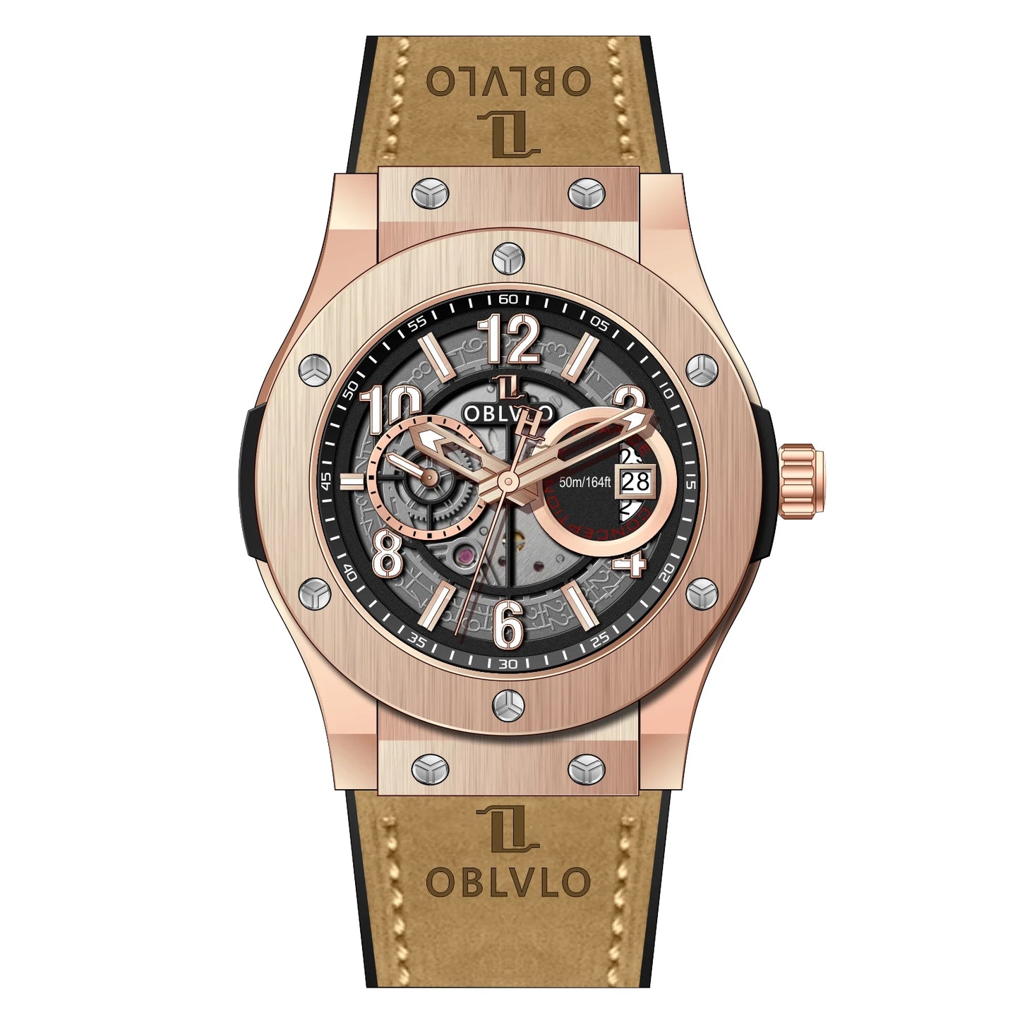 OBLVLO Men's Fashion Rose Gold 44mm Hollow-out Automatic Watch Waterproof Brown Leather Strap Mechanical Clock with Date HM-GT