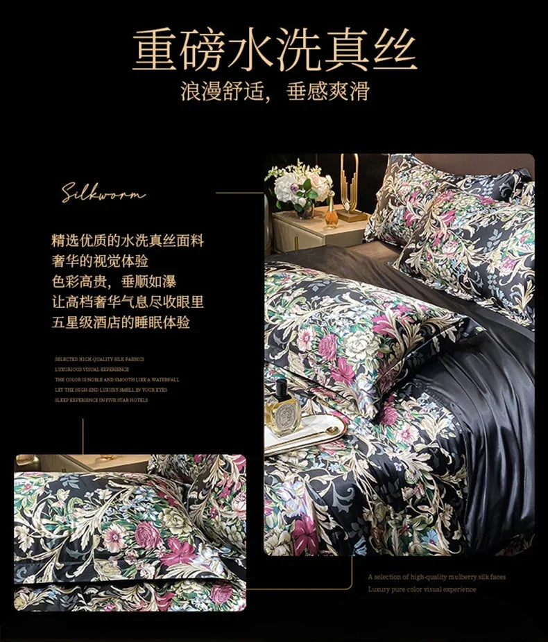 Natural Silk Bedding Set Single Double Queen King Printing Duvet Cover Luxury Quilt Cover Bedsheet Pillowcase