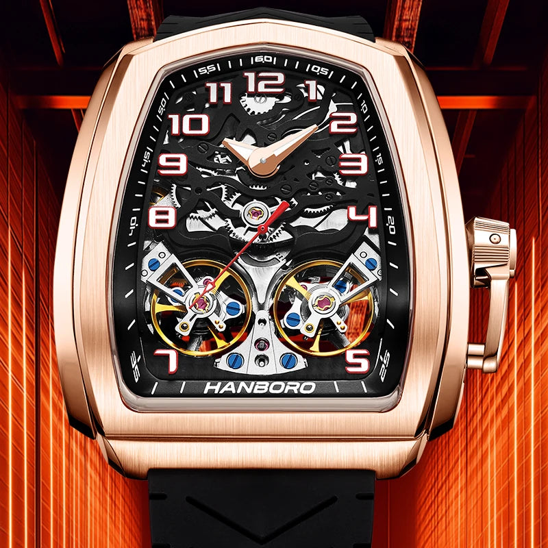 HANBORO fully automatic mechanical men's watch hollowed out wristwatch trend waterproof luminous watch