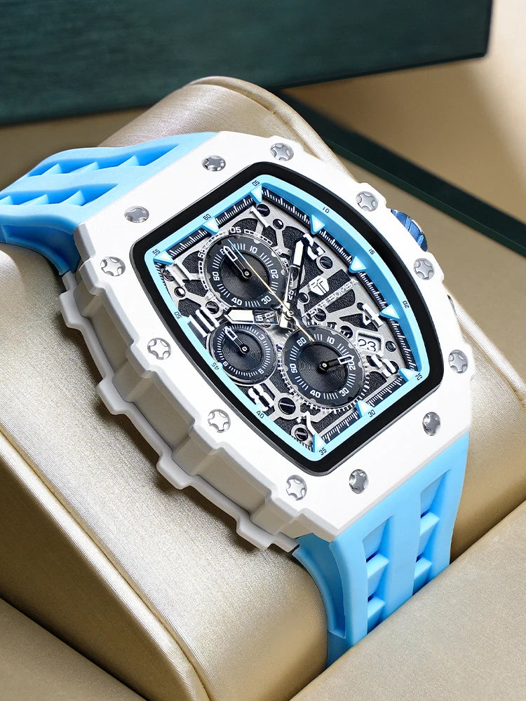 TSAR BOMBA Resin Watch for Men Tonneau Waterproof Mens Watches Top Brand Luxury Chronograph Sport Male White Wristwatches