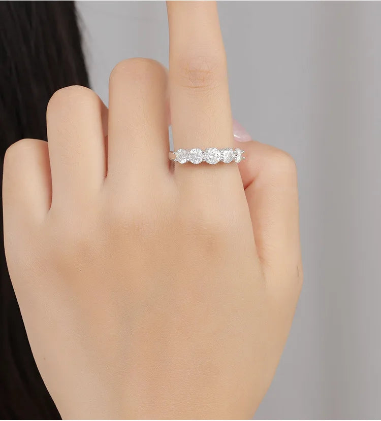 EWYA Real 5-Stone 2.2cttw Full D Color Moissanite Ring for Women Girls S925 Silver Plated 18K Pass Diamond Test Rings Band Gift