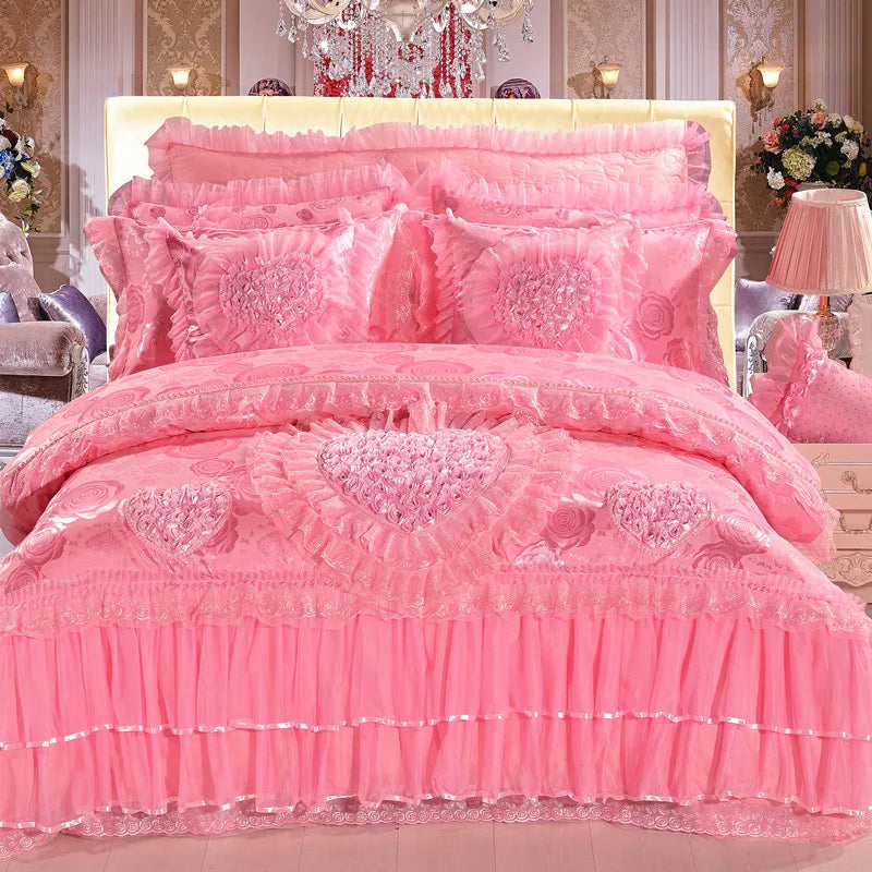 Red Jacquard Satin Cotton Bedding Set Luxury Heart-shaped Lace Princess Wedding Duvet Cover Bed Sheet Bedspread Pillowcases