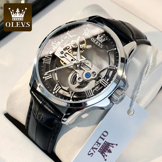 OLEVS Trend Fashion Men's Watches Casual Leather Strap Hollow Out Self-winding Movement Original Automatic Mechanical Wristwatch