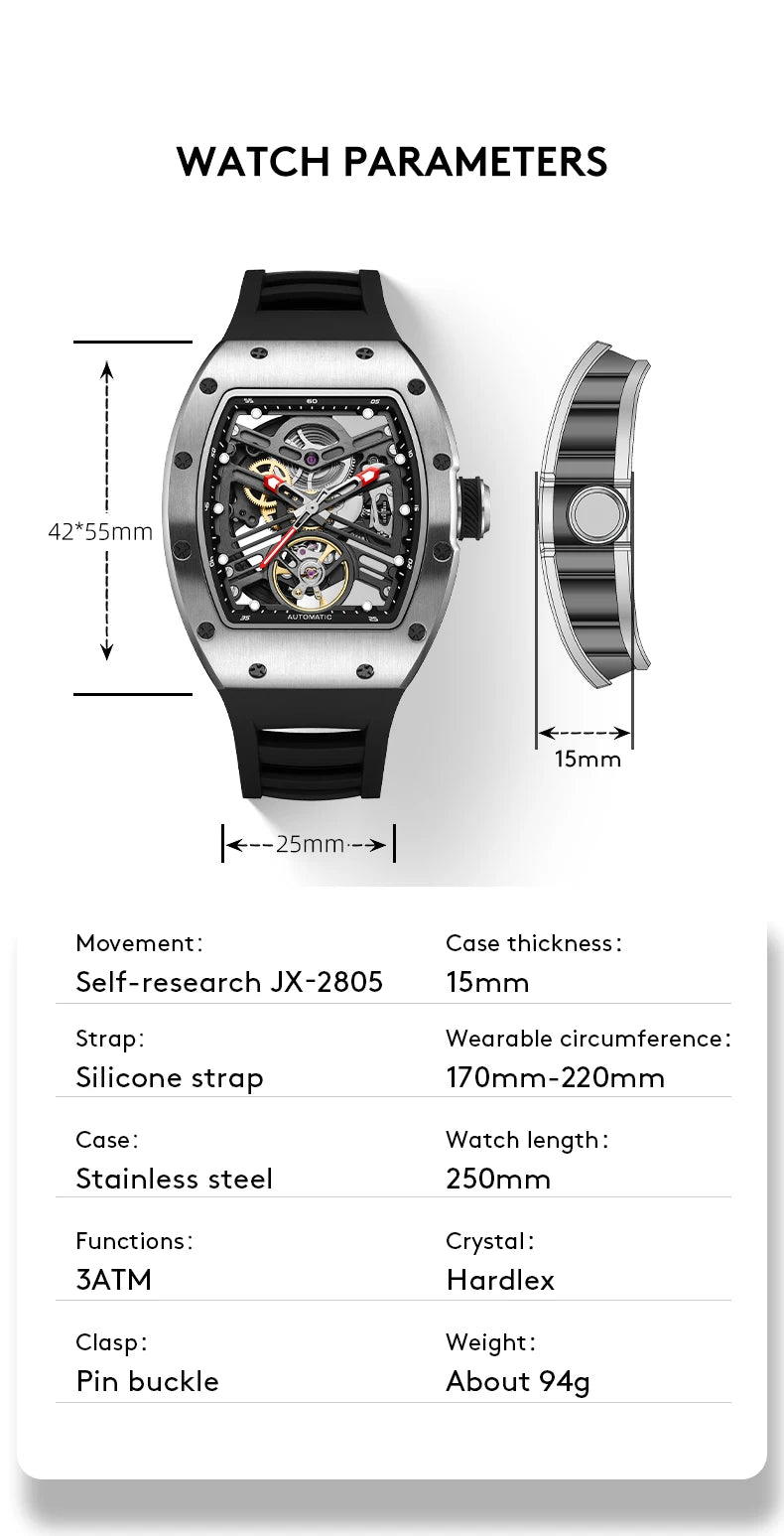 Carbon Fiber Mechanical Watch Cyberpunk Style Waterproof Crystal Dial Collector's Limited Edition Fashion Sport Wristwatch