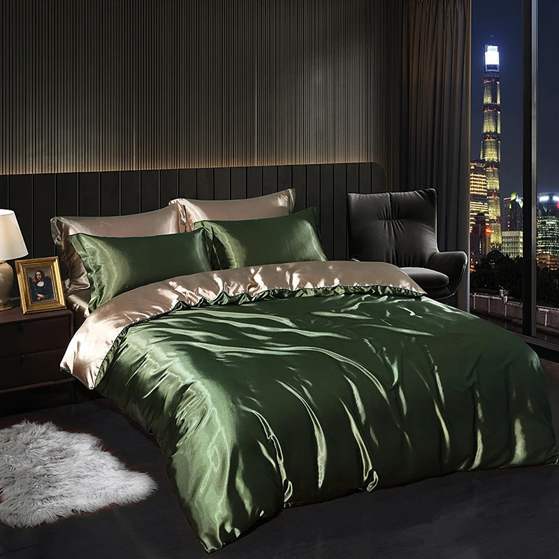 Luxury Satin  Bedding Set With Flat Sheet Duvet Cover High End Bedding Set  High Density Satin  Solid Color Bedding