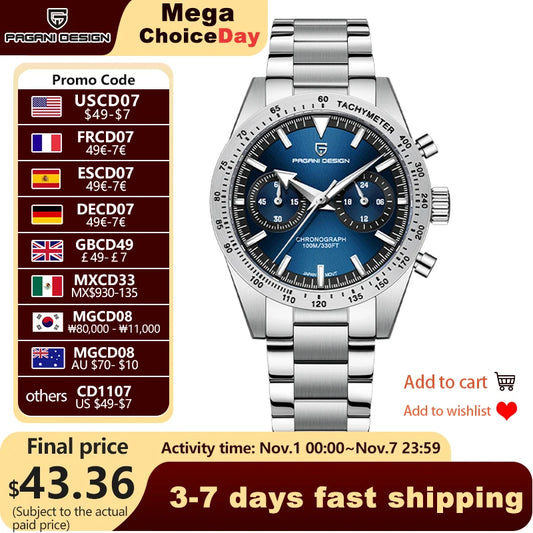 PAGANI DESIGN 2024 New Wide arrow Moon Men's Watches Luxury Quartz Watch For Men Sport Retro Chronograph VK64 AR Sapphire glass