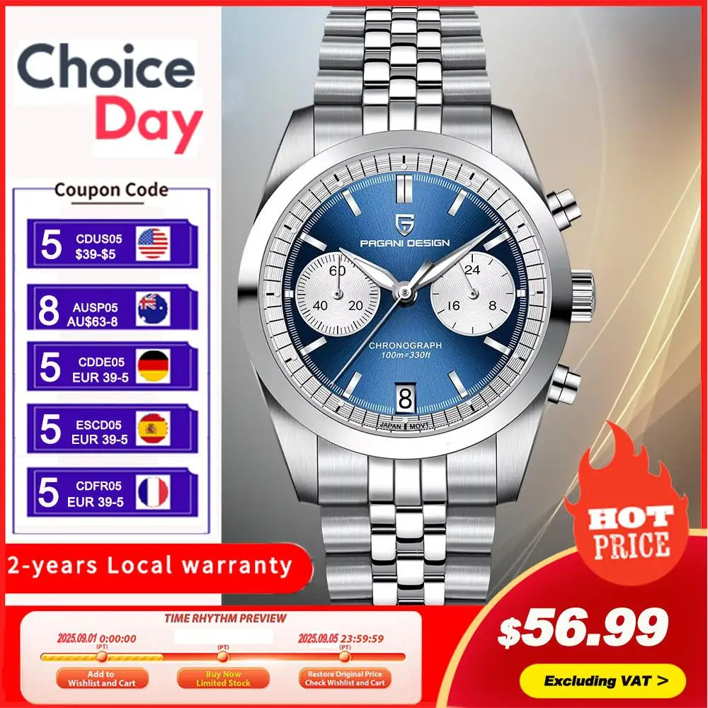 PAGANI DESIGN Fashion Men's Quartz Wristwatches PD1775 Sapphire Glass Stainless steel strap VK64 Movement watch for men