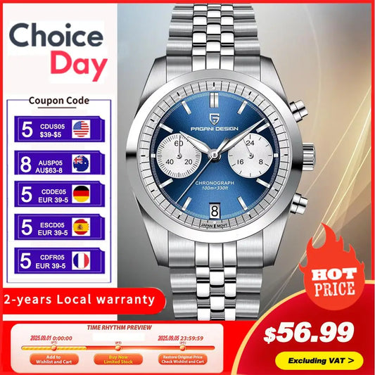 PAGANI DESIGN Fashion Men's Quartz Wristwatches PD1775 Sapphire Glass Stainless steel strap VK64 Movement watch for men