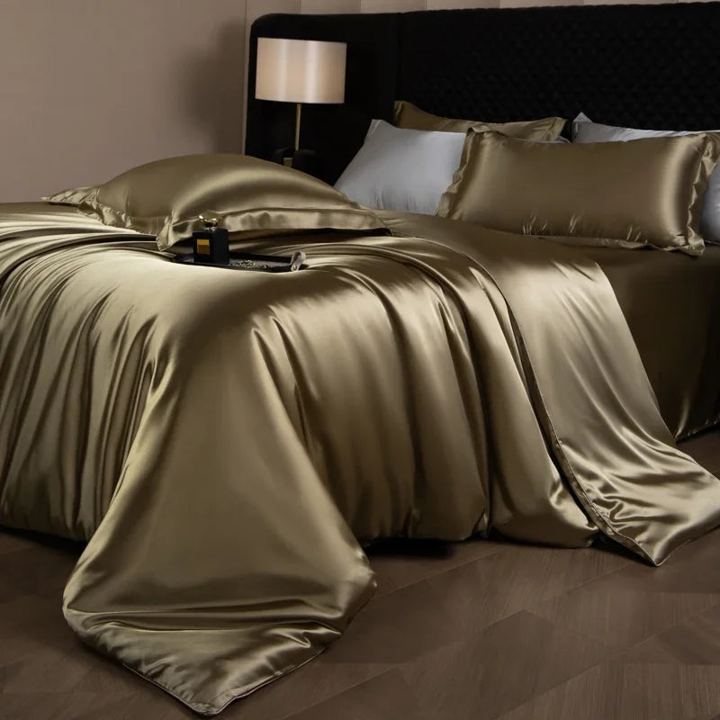 Silk Bed Sheets Set Luxury Bedding Set with Duvet Cover Fitted/Flat Bedheet Pillowcases Mixed with Rayon King Queen Full Twin