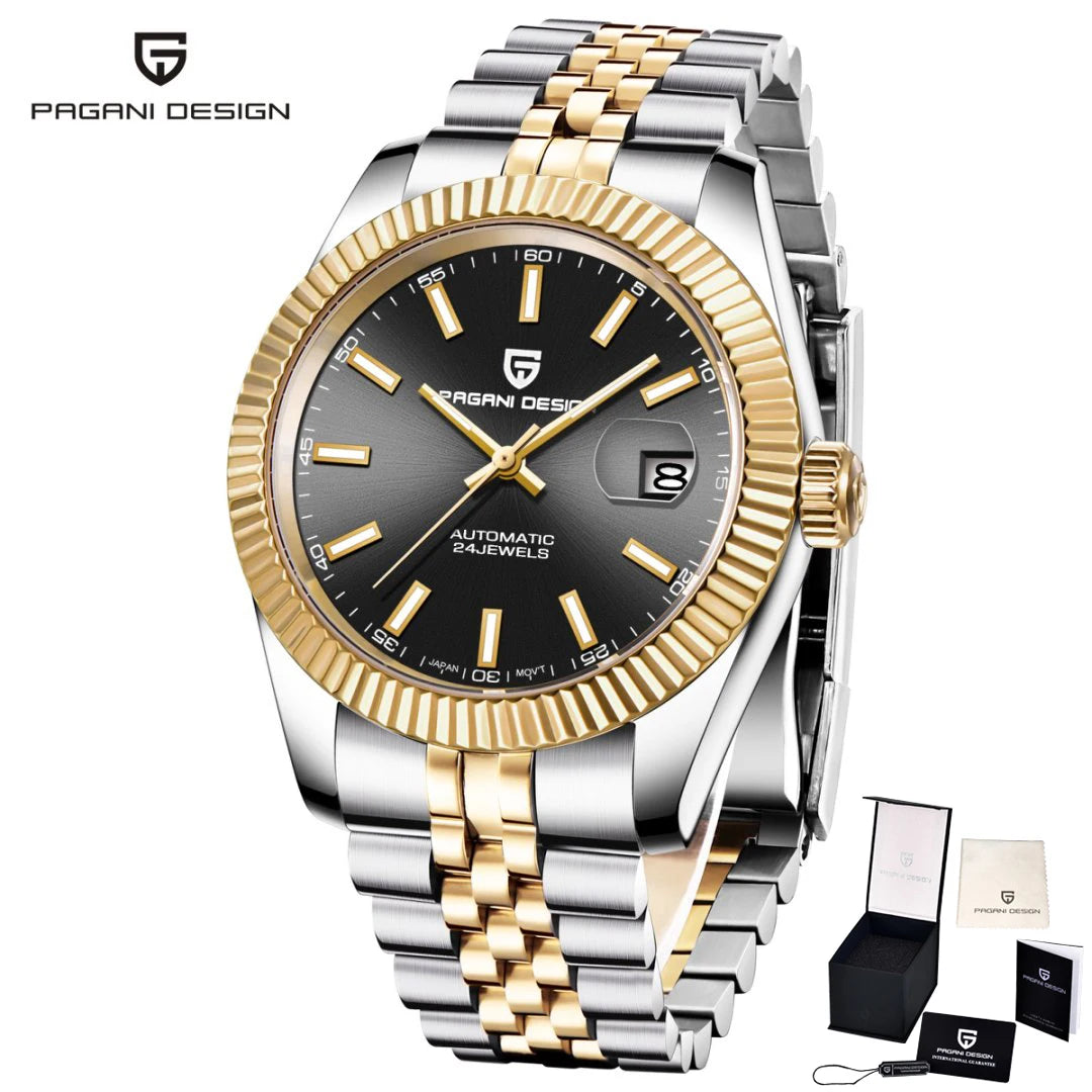 Montre homme PAGANI DESIGN Business Machinery Automatique en acier inoxydable, étanche, affichage lumineux du calendrier, coffret cadeau inclus
