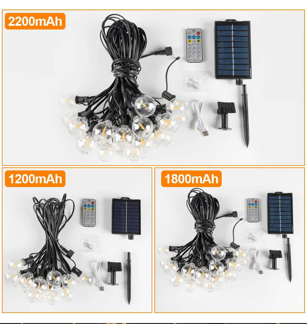 Solar String Light Outdoor Waterproof T22 Bulbs LED Solar Powered Patio Lights for Outside Porch Backyard Bistro Garden Market