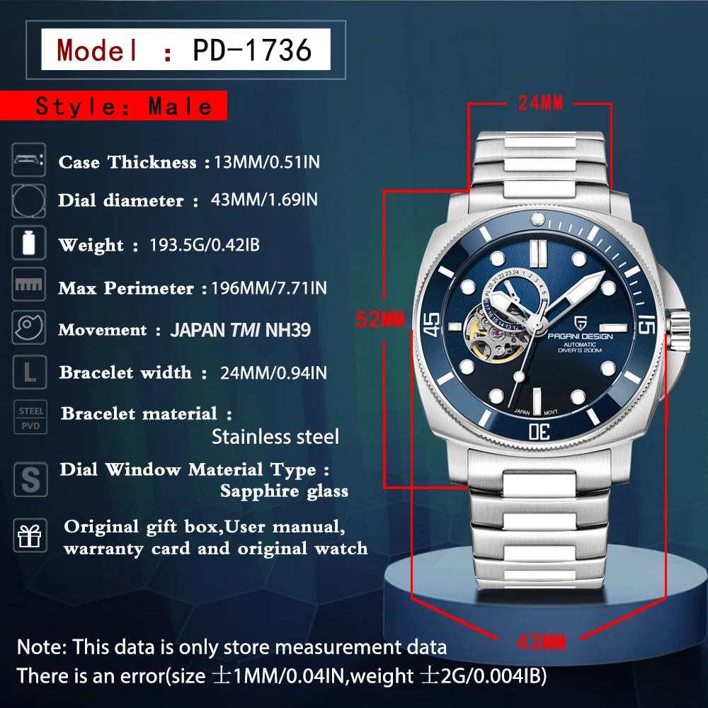 PAGANI DESIGN 2025 New Luxury Men's Watches Mechanical Automatic Watch For Men 200M Diving Wrist watch Stainless Steel+with box