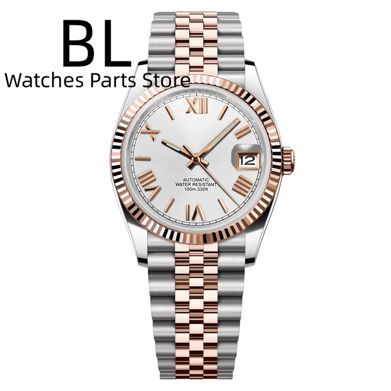 BLIGER 36mm39mm Two-tone Rose Gold Black Dial Watch For Men Date Fluted Bezel Sapphire Glass Rose Roman Index Jubille Bracelet