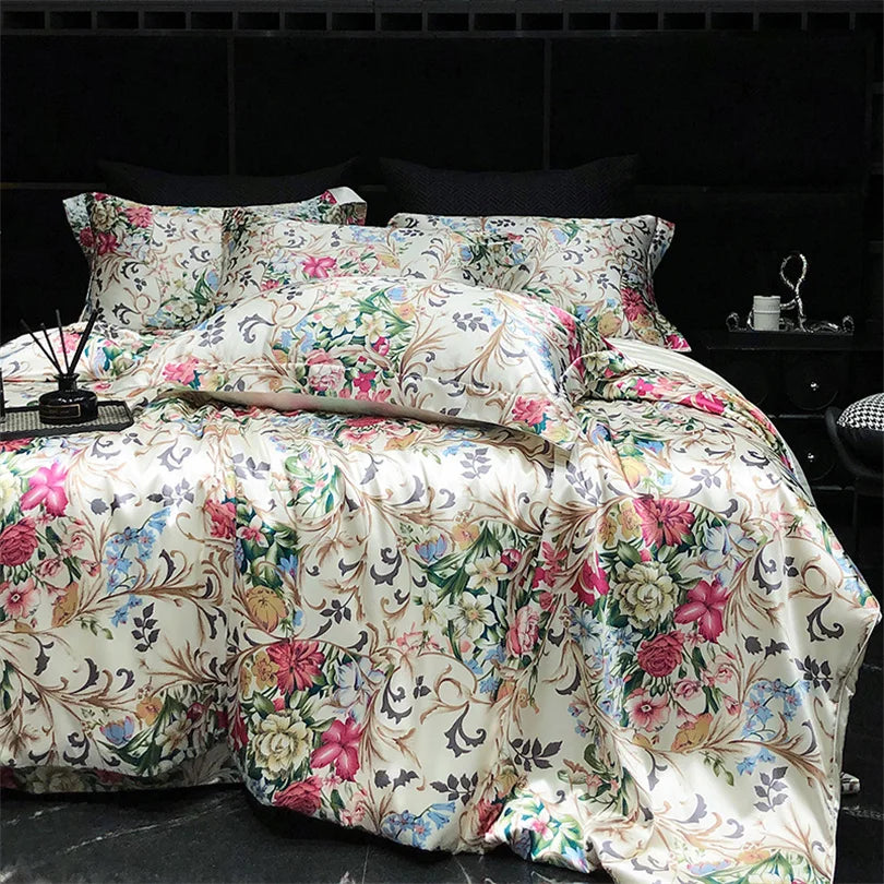 Floral Silk Bedding Set with Duvet Cover Bed Sheet Pillowcase Luxury Couple Single Double King Queen Soft Bedsheet Nordic Smooth
