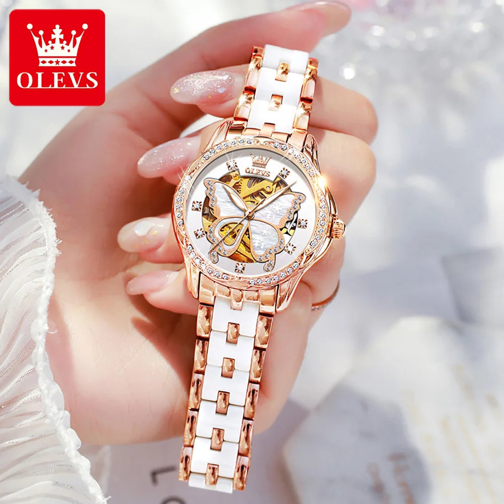 OLEVS 6622 Luxury Women All Automatic Mechanical Watch HD Waterproof Elegant Butterfly Diamond Women Fashion Bracelet Set Watch