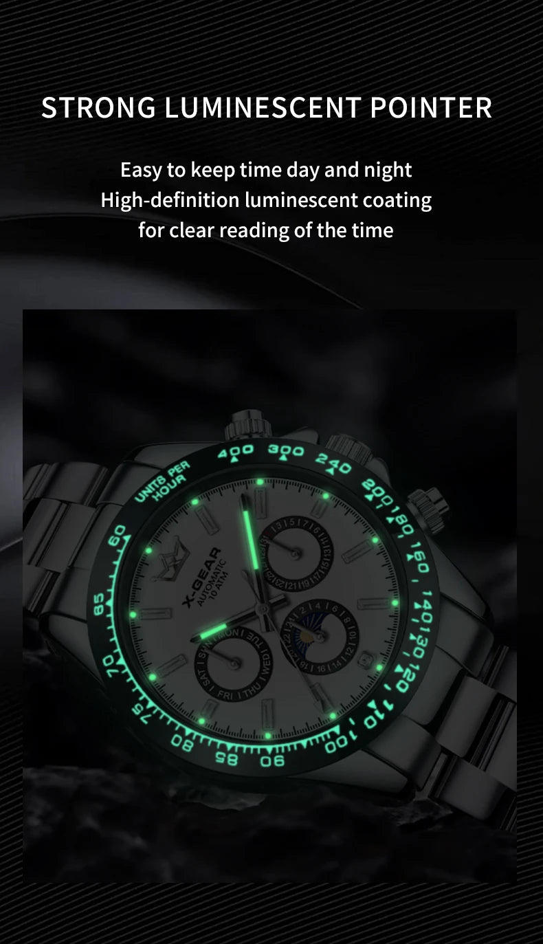 Montre mécanique automatique Panda Eye pour homme, lunette en céramique, trois cadrans, six aiguilles, étanche et lumineuse.