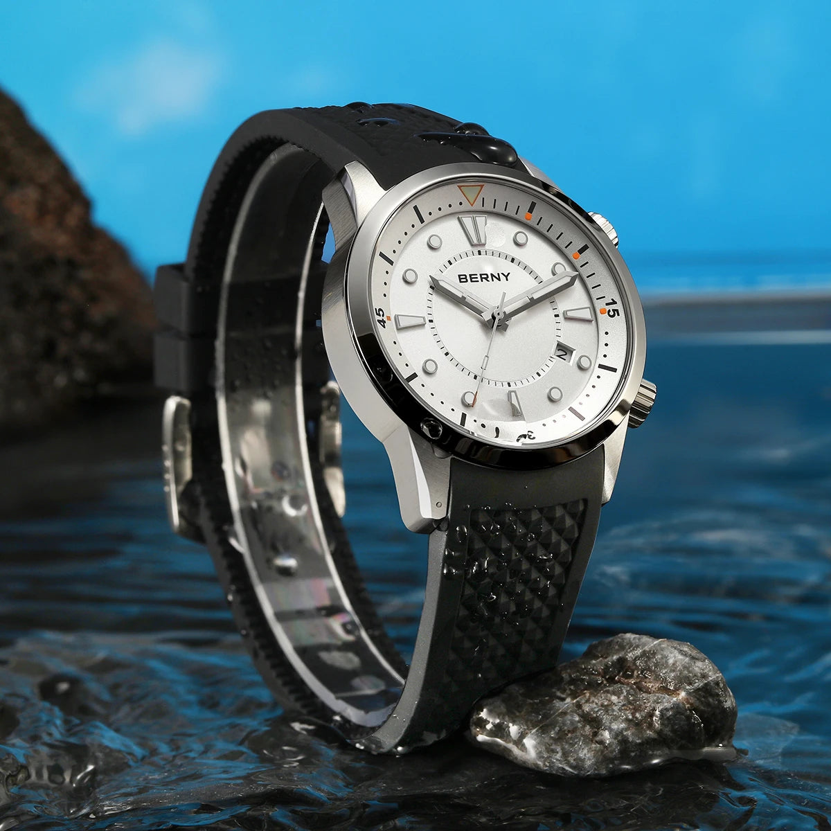BERNY Automatic Diver Men Watch 200M Waterproof Miyota 8215 Sappire AR Coated Silicone Sports Swim Wristwatch Men's Diver Watch
