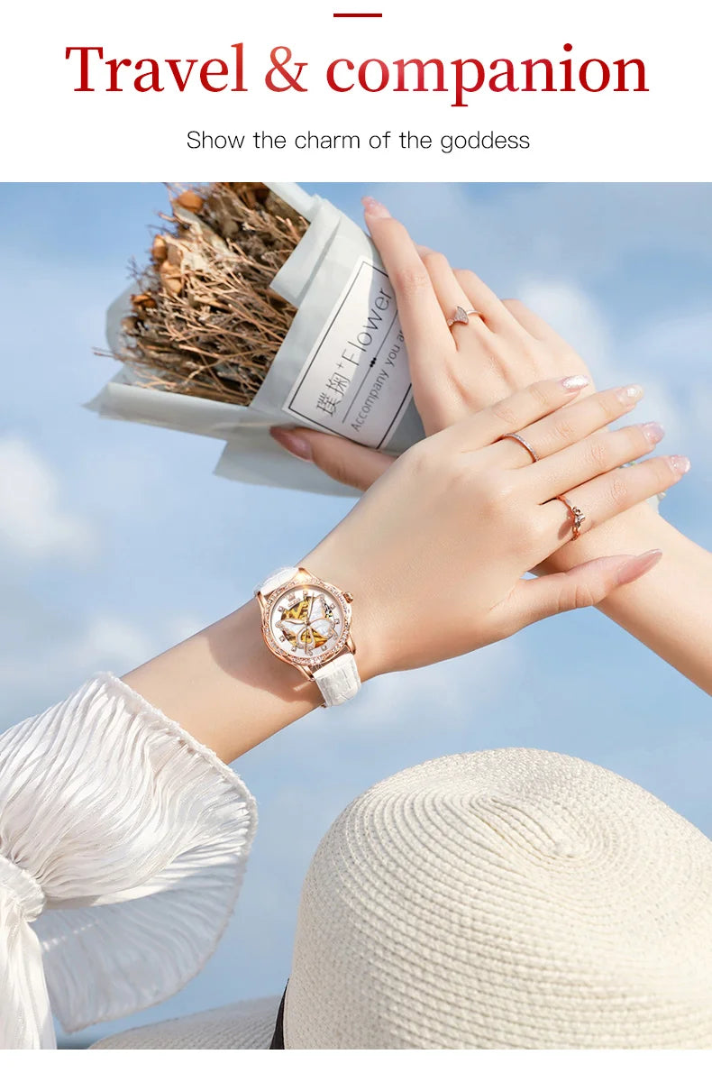 OLEVS 6622 Luxury Women All Automatic Mechanical Watch HD Waterproof Elegant Butterfly Diamond Women Fashion Bracelet Set Watch