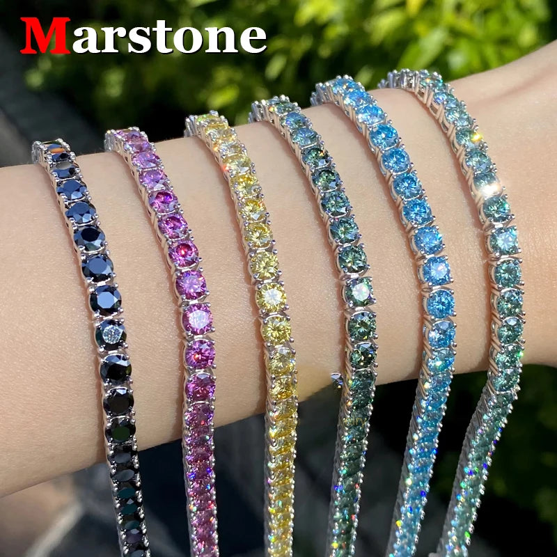 3MM Pink Full Moissanite Tennis HipHop Blue Green Yellow Purple Bracelet S925 Sliver Plated White Gold Bracelet for Women Men