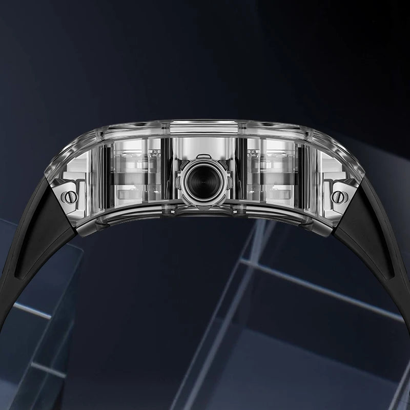 BONEST GATTI 2025 New Men Automatic Watch Tonneau Mechanical Wristwatch Acylic Case Sapphire Lume Hollow Out Dial Fluororubber