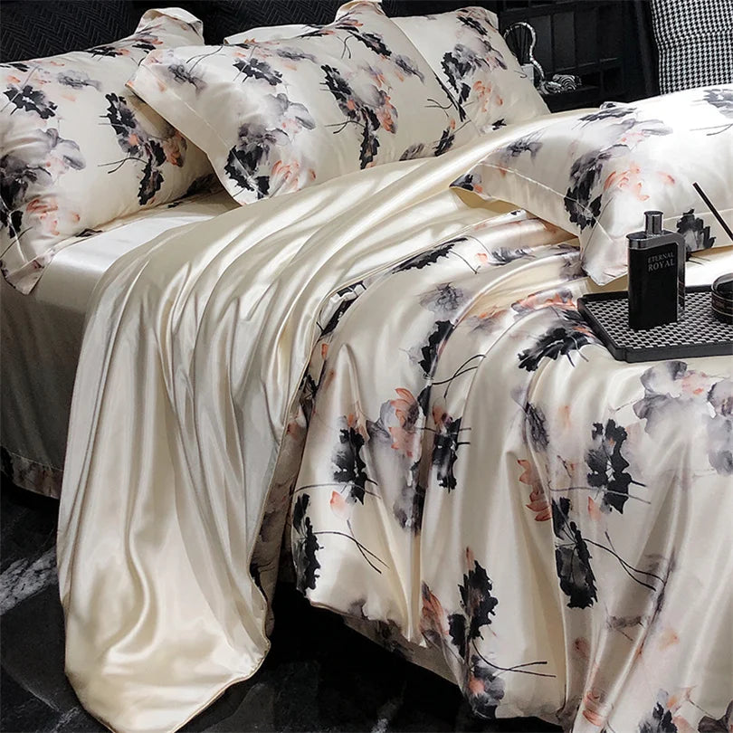 Floral Silk Bedding Set with Duvet Cover Bed Sheet Pillowcase Luxury Couple Single Double King Queen Soft Bedsheet Nordic Smooth
